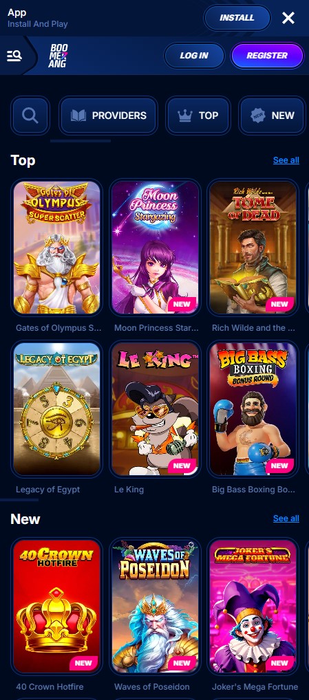 Mobilni pogled na Boomerang Casino